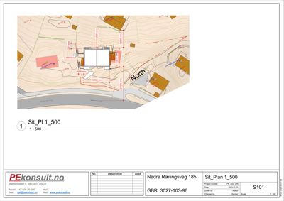 Situasjonsplan som viser bygningens plassering på tomt, med høydekurver, nabobygninger, veier og mål på avstander.