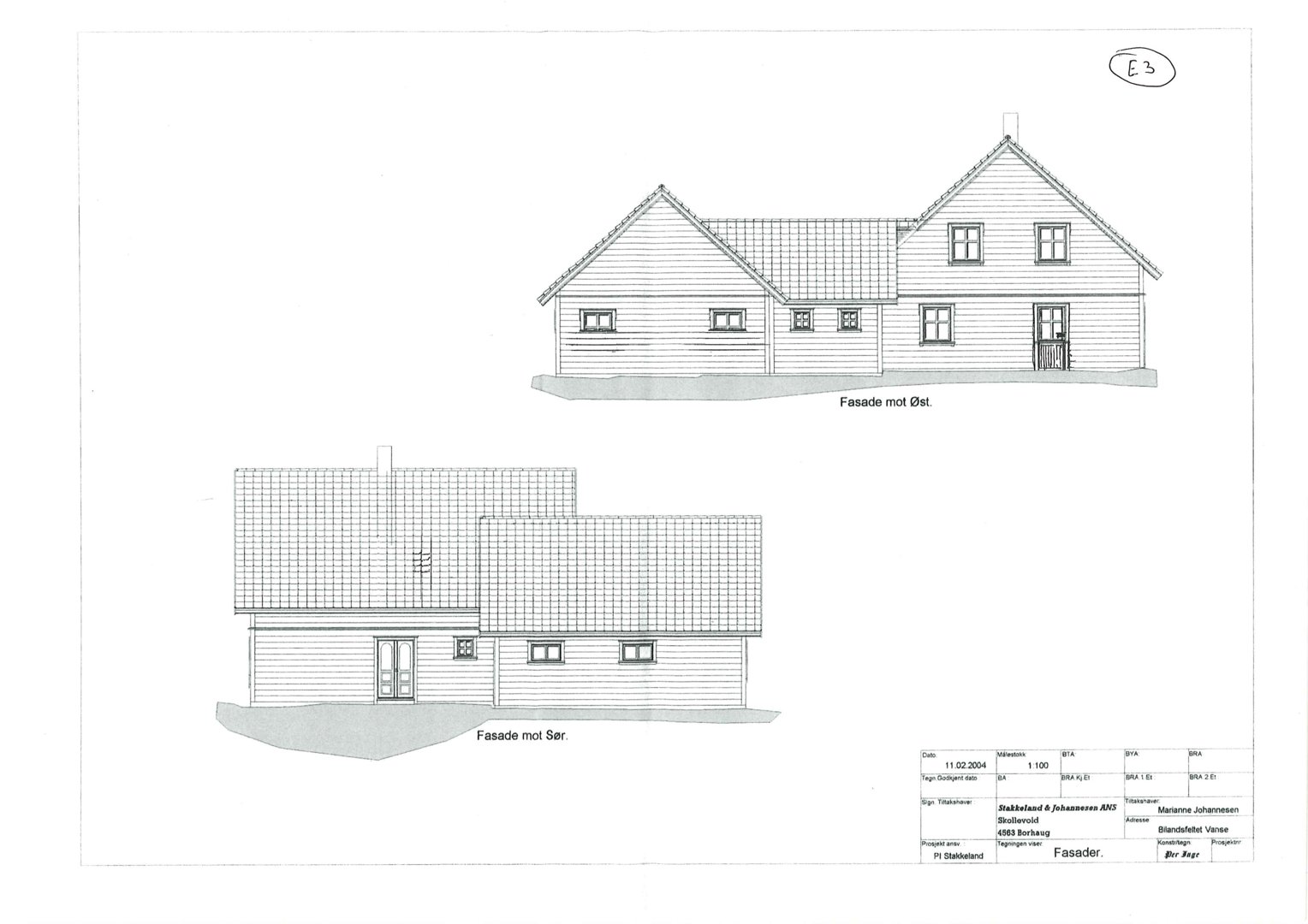 Fasadetegning som viser bygningens utseende fra to ulike vinkler (mot SØst og mot Sør).