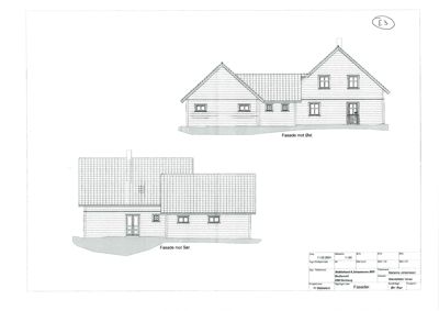 Bildet viser to fasadetegninger av en bygning, en mot øst og en mot sør, med arkitektoniske detaljer som tak og vinduer.