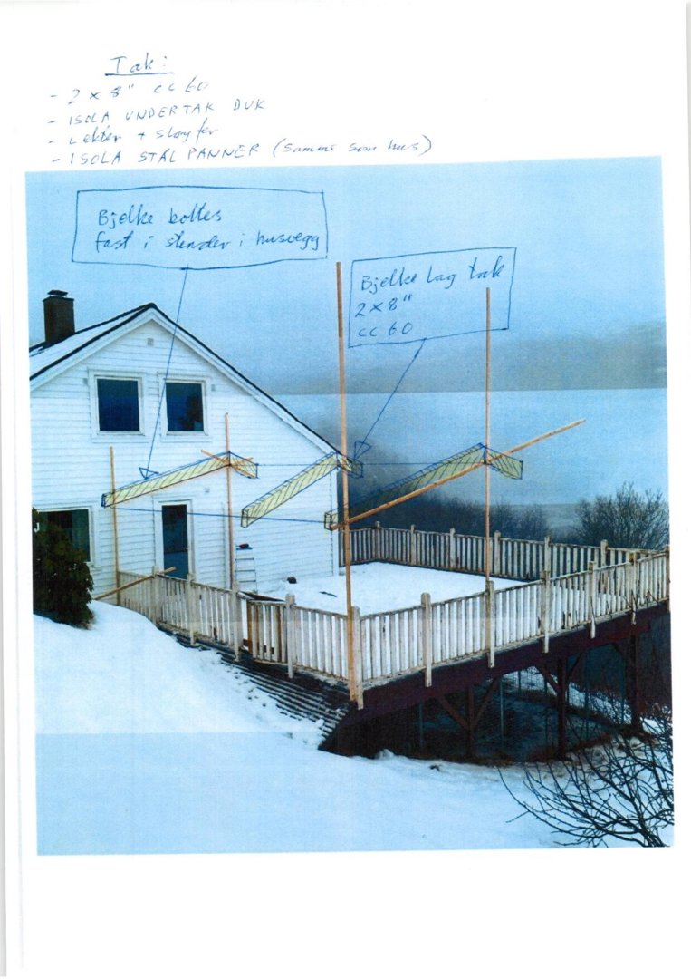 Fotografi av en eksisterende hvit villa med en utvendig terrasse, sett fra siden. Bildet inneholder håndskrevne notater og tegninger som illustrerer en plan for takkonstruksjon (bjelkelag) og takdekking.