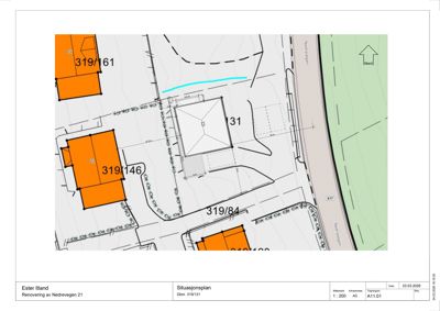 Situasjonsplan som viser tomtedeling, eiendomsnummer (f.eks. 319/161), veier (Nedrevegen) og bygningers plassering i forhold til hverandre.