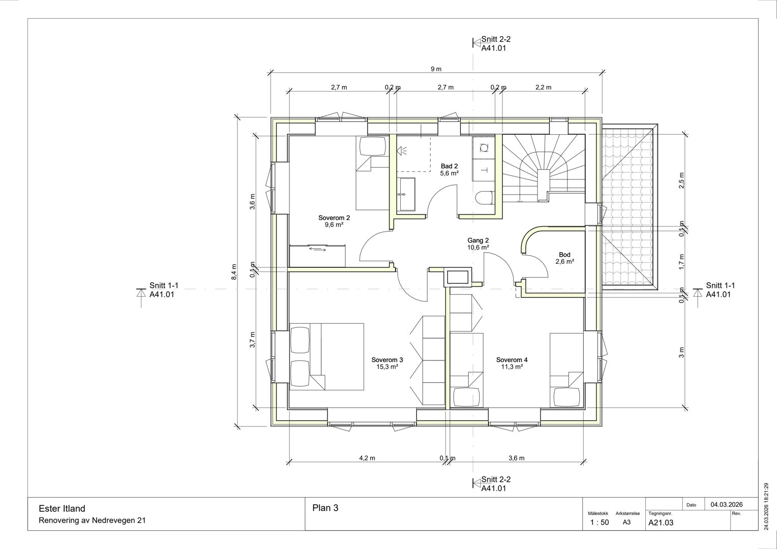 Etasjeplan (Plan 3) som viser romfordeling, dimensjoner og plassering av dører og vinduer for en bolig.