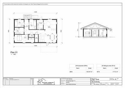 Etasjeplan (Plan 01) med romfordeling, mål og arealoppsett for en enebolig.