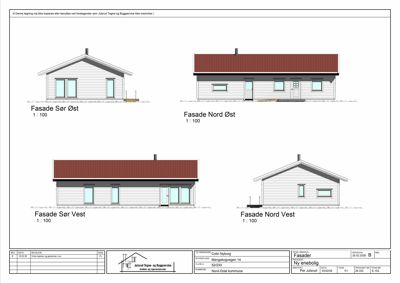 Fasadetegning som viser bygningens utsyn fra fire sider: Sør Øst, Nord Øst, Sør Vest og Nord Vest.