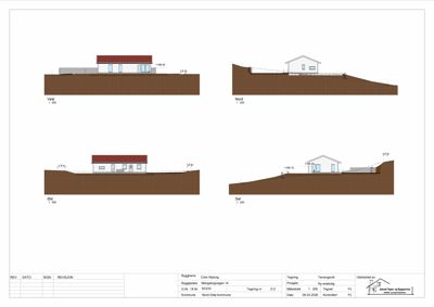 Fasadetegning (opprikk) som viser bygningens utseende fra fire sider (Vest, Nord, Øst, Sør) med høydemål og terrengforhold.