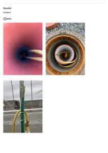 Fotografier av rørinstallasjoner og utstyr på byggeplass, inkludert et rør sett innad, en manuell inspeksjonssjakt og en stang med tilhørende utstyr.