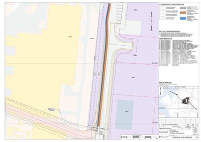 En symbolsituasjonsplan som viser tomtens beliggenhet, grenser, naboeiendommer og infrastruktur.