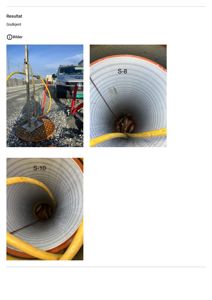 Fotografier av en byggeplass med utstyr (en stasjonær enhet med gule slanger) og innvendige bilder av store, ribbede rør (merket S-8 og S-10).