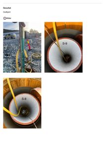 Fotodokumentasjon fra en byggeplass som viser utstyr og rørarbeid (merket S-8 og S-9) i en grøft eller utgravd del av et anlegg.