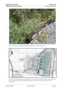 Et fotografi av steingard sett fra eksisterende regulert næringsområde, samt en planlegning av vannhåndteringssystemet for Årskog stasjon.