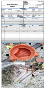Fotografier av en kumutstyr (kum) med tilhørende tekniske data i tabellformat.