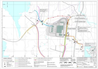 Situasjonsplan som viser ruting av nye og eksisterende fiberkabler, manhole-plasseringer og tilknytning til Telenor-nettet.