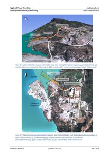 Fotografi av et planlagt anlegg (kompensering, jordkabel, landfall) overlappet med tegnet linjer og tekst. Bildet viser også nabolag og topografi.