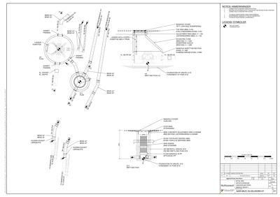 Tegning som viser detaljert konstruksjon av en manuell justeringsring (manhole) med snittegninger og planer.