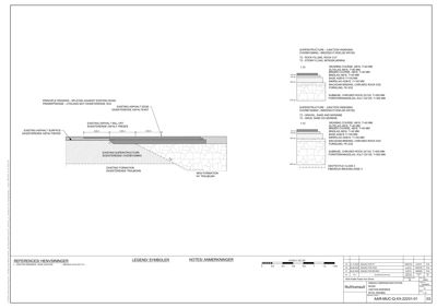 Snittegning som viser detaljer for overbygging og grunnforhold ved en overgang (junction) mellom eksisterende vei og ny vei.