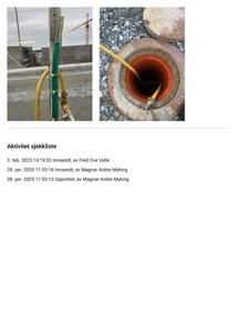 Fotografier av en byggeplass med gassledninger og et manuell utløpsrør (manhole).