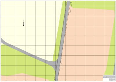 Situasjonsplan som viser tomtens form, grenser, tilstøtende arealer (grønt og bebygd), samt en vei eller gangvei som krysser tomten. Planen inkluderer også et nordpil og et tegningsfelt.