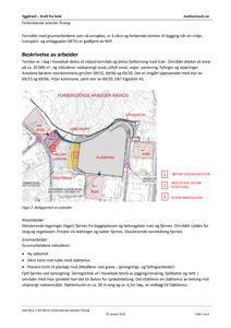 En situasjonsplan som viser beliggenheten av forberedende arbeider på tomten, inkludert plassering av rigg, kabelfrøft, støttmur, planeringsområde og deponier.