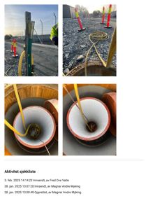 Fotografier av en byggeplass eller utstyringsplass med fokus på et rør eller en utløpsledning som er koblet til en gummislange. Bildene viser arbeid med utstyr på en grusflate.