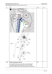 Situasjonsplan som viser rørtrase (blå og grønn linje) i forhold til eksisterende veier (rød prikket linje) og eiendomsgrenser (svart prikket linje).