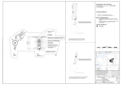 En teknisk detaljtegning som viser konstruksjonen av en manhole (tettstasjon) med spesifikke dimensjoner, materialer og koblingspunkter til eksisterende rør.