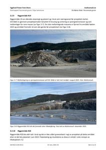 Fotografier av riggområde R19 i Fijær kommune som viser mellomlagring av sprengsteinsmasser og området etter tilbakeføring.