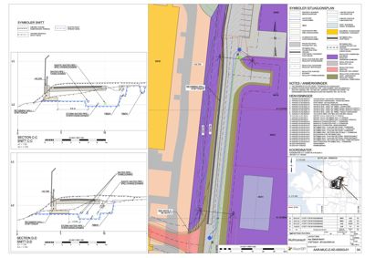 Situasjonsplan med snittegninger (Section C-C og D-D) som viser bygningens plassering i forhold til veger, vannverk og naboeiendommer.