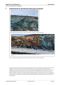 Fotografier fra en byggesak som viser utførelse av bolting i bergskjæring, med markeringer for manglende bolter.