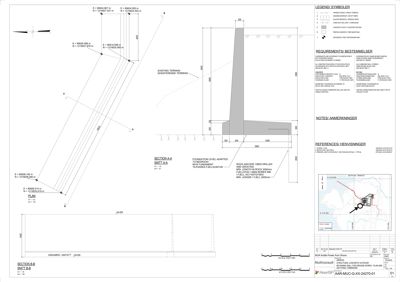 Snittegning (SECTION A-A og SECTION B-B) som viser tverrsnitt gjennom en konstruksjon, fundament og grunnforhold.