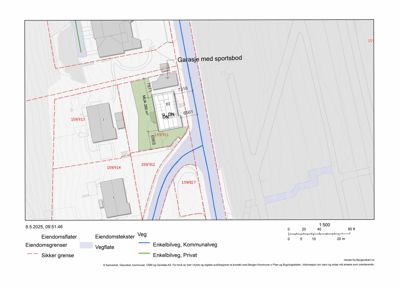 Kart over eiendom med eiendomsgrenser, vegforhold og eiendomstekster.