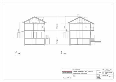 Snittegning (Snitt 1 og Snitt 2) som viser bygningens tverrsnitt, høyder, vindusoppheng og innvendig oppdeling.