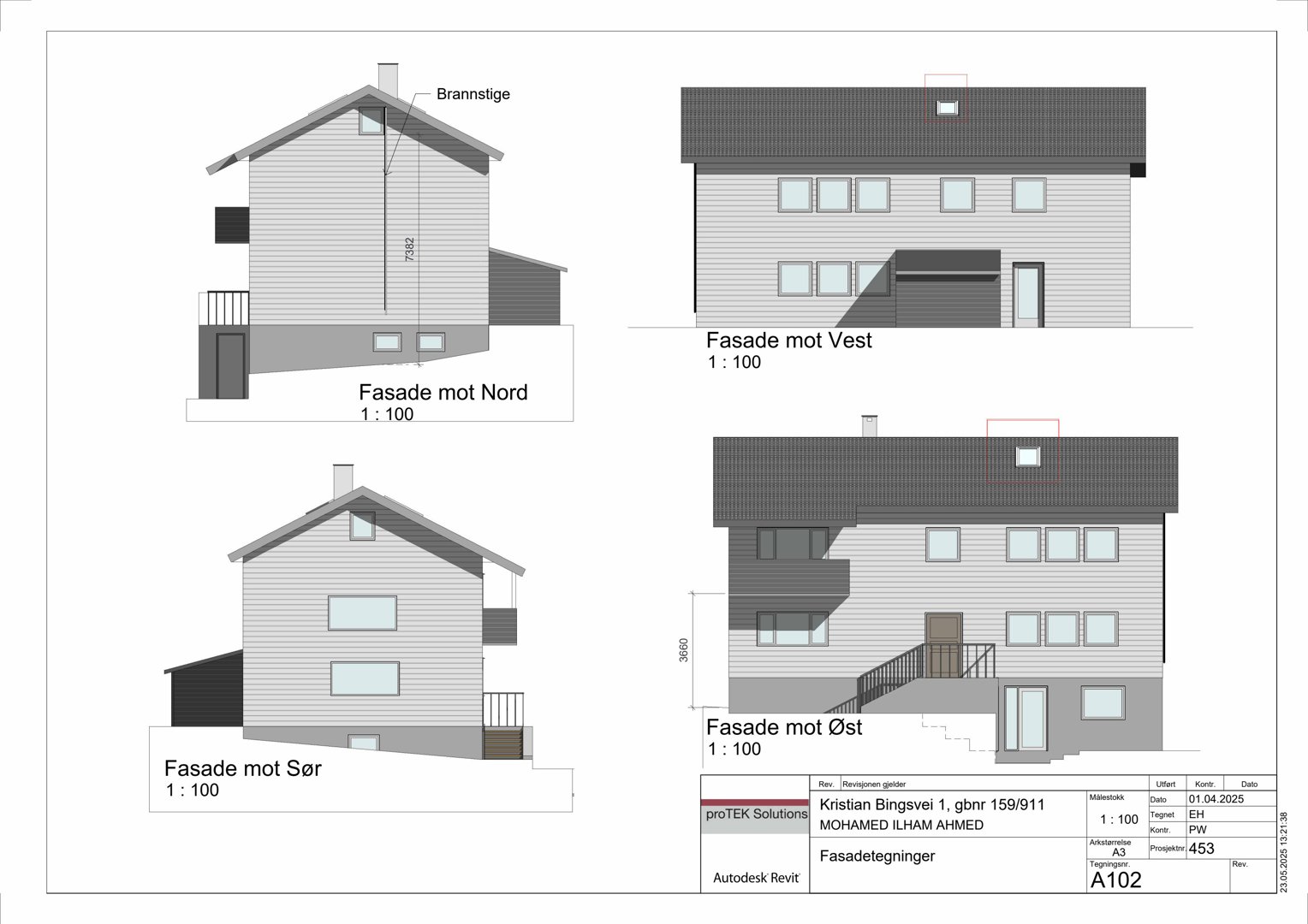 Fasadetegning som viser bygningens utsyn mot Nord, Sør, Vest og Øst med mål og detaljer.