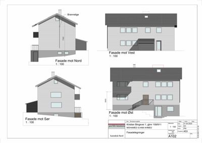 Fasadetegning som viser bygningens utsyn mot Nord, Sør, Vest og Øst med mål og detaljer.