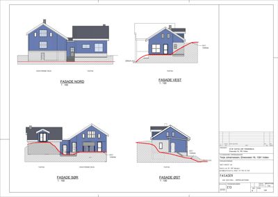 Bildet viser fire fasadetegninger (Nord, Vest, Sør, Øst) av en bolig med målestokk 1:100.