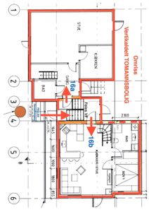 Etasjeplan (vertikaldelt tomannsbolig) med romfordeling, mål og stige.