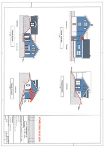 Bildet viser fasadetekninger av en bolig sett fra fire ulike retninger (Nordøst, Nordvest, Sydøst, Sydvest).