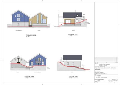Fasadetegning som viser utsiden av en bygning sett fra fire sider (Nord, Vest, Sør, Øst).