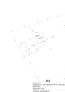 Situasjonsplan (stikkplan) som viser eiendomsgrenser, målinger og punkter for en tomt.
