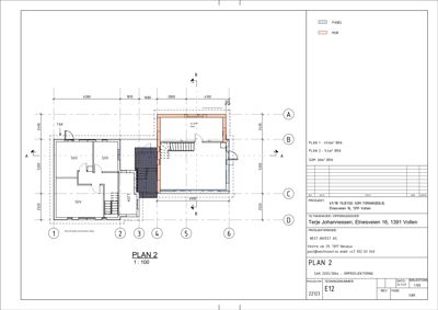 Etasjeplan (PLAN 2) som viser romfordeling, mål og bygningsstruktur.