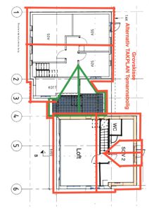 Etasjeplan (TAKPLAN) med romfordeling, trapp og vegglinjer.