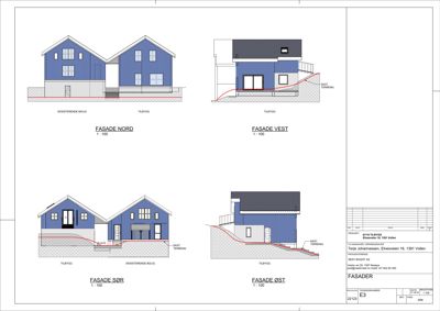 Fasadetegning som viser utsiden av en bygning sett fra fire ulike sider (Nord, Vest, Sør, Øst).