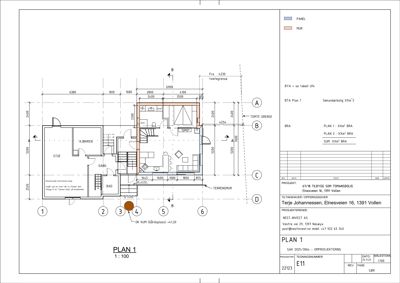 Etasjeplan (PLAN 1) som viser romfordeling, mål og bygningsstruktur.