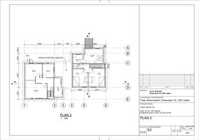 Etasjeplan (PLAN 2) som viser romfordeling, veggposisjon og mål for en tilbygning.