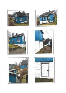 En samling av seks fotografier som viser en blå hytte fra ulike vinkler og detaljer.