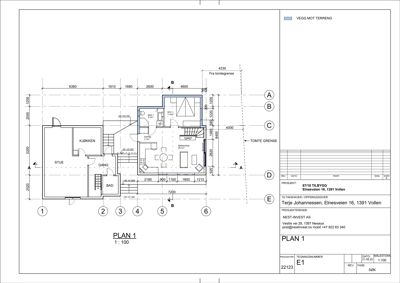 Etasjeplan (PLAN 1) som viser romfordeling, dimensjoner og plassering for en tilbygning.