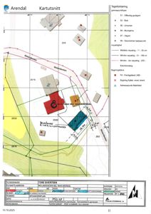 Situasjonsplan (kartutsnitt) som viser Molandsveien 462 og 464 i Arendal, med angitte eiendomsstrekninger, naboeiendommer, vei og bygningers plassering.