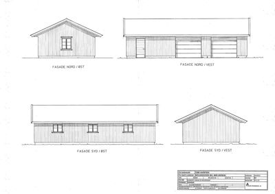 Fasadetegning som viser bygningens utseende fra fire ulike retninger (Nord/Øst, Nord/Vest, Syd/Øst, Syd/Vest).