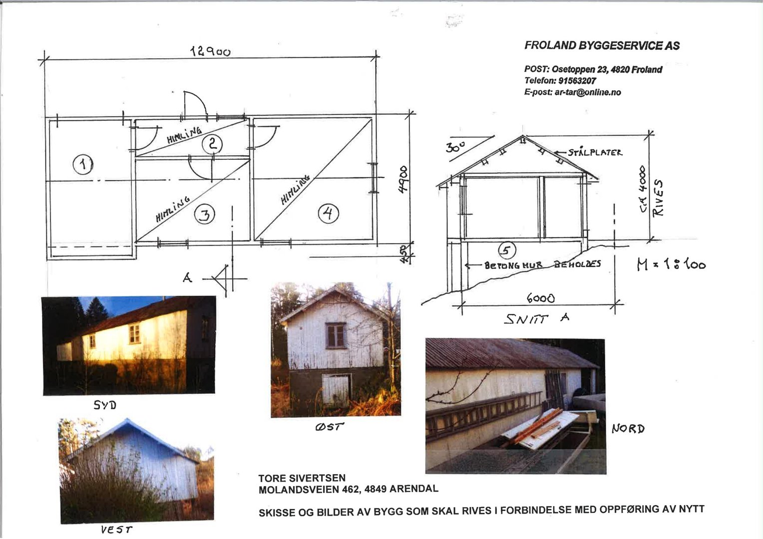 Et sammensatt bilde som viser en tegning (snitt) av en bygning, kombinert med fire fotografier av bygningens fasader (Nord, Sør, Øst, Vest) og en tekstbeskrivelse av prosjektet.