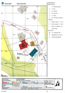 Situasjonsplan (kartutsnitt) som viser Molandsveien 462 og 464 i Arendal, med angitte eiendomsstrekninger, naboeiendommer, vei og bygningers plassering.