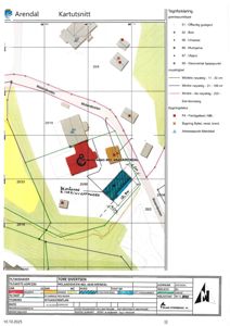 Situasjonsplan (kartutsnitt) som viser tomtens beliggenhet, grenser, naboeiendommer og bygningers plassering.